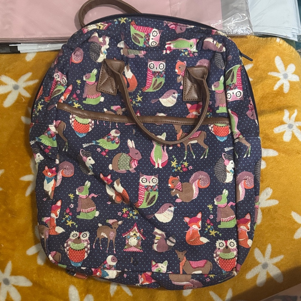 Monsoon Navy Backpack with Multicolor Woodland Animal Print